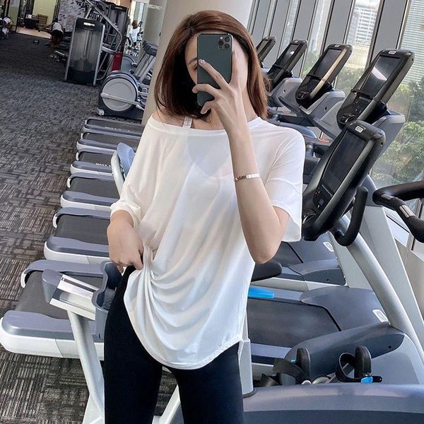 

yoga outfit women blouse long buttocks-covering quick-drying sports short-sleeved summer leisure loose elastic running fitness wear