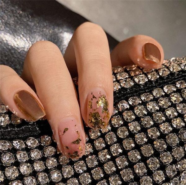 

false nails golden fake reusable ultra thin fashion shiny gold leaf square shape with glue nail salon supplies and tools, Red;gold