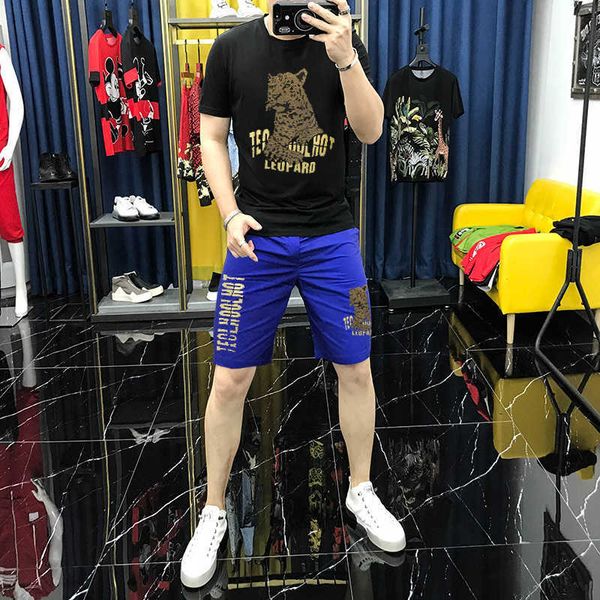 

w0763 men's new summer sequin leopard short sleeve t-shirt shorts two piece suit social man, Gray