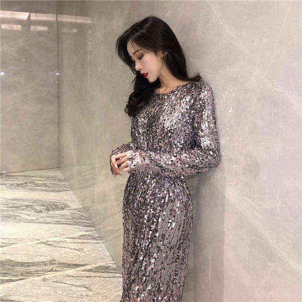 

women's clothing casual dresses autumn women's medium and long sleeved double-sided sequin slim dresses, Black;gray