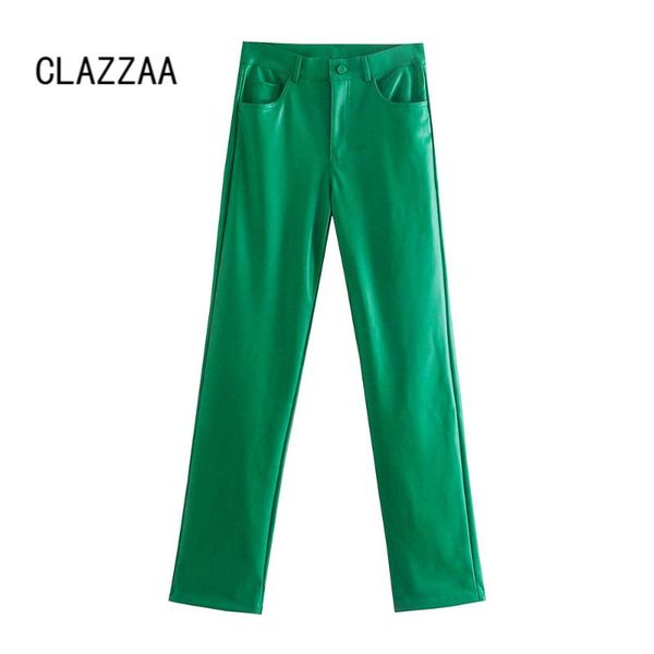 

women's pants & capris clazzaa women fashion faux leather vintage front zipper mid-waisted casual woman pu straight leg trousers chic, Black;white