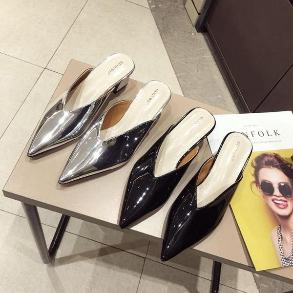 

slippers pointed toe women shallow shoes woman patent leather thick mid heels silver sandals slides slip on pumps size 39-40, Black