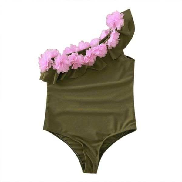 

one-pieces kid's swimwear summer girl's swimsuit sloping shoulder flower ruffles one-piece swim briefs beach kids, Black