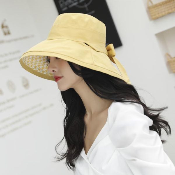 

wide brim hats double sided wear fisherman hat ladies summer travel fashion panama folding big sunhat bird lattice bow bucket, Blue;gray