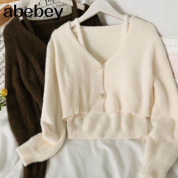 

women's knits & tees korean v-neck long sleeve knitted cardigan two button solid color short sweater with cami vest 2021 spring autumn, White