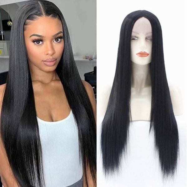 

synthetic wigs #1b black long straight lace front wig natural hairline heat resistant fiber for women with middle part