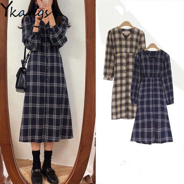 Vintage Frauen V-ausschnitt Einreiher Plaid Kleid Casual Lose Weibliche Lange Kleid Koreanische Kleidung Volle Hülse Damen Vestidos 210619