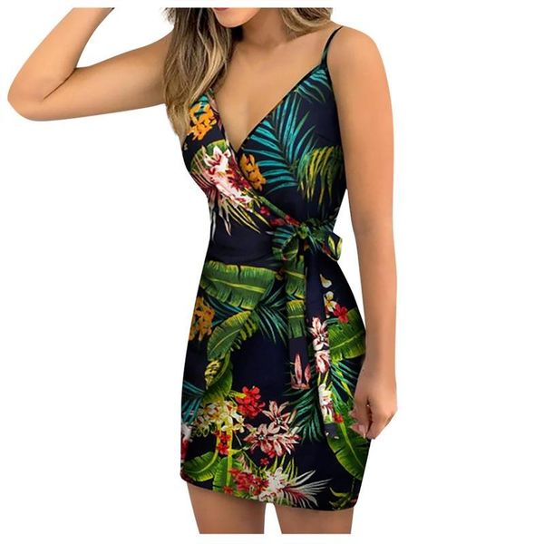 

casual dresses tropical print v neck spaghetti strap dress women sleeveless summer holiday slim mini bow belt bodycon, Black;gray