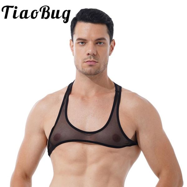 

men' tank mens nightclub stage show costume round neck racer back sleeveless singlet erotic vest see-through sheer mesh cropped, White;black