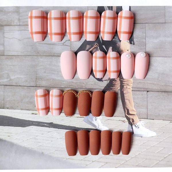 

false nails 24pcs fake with design orange plaid nail patch glue type removable long paragraph fashion manicure save time, Red;gold