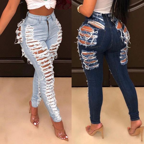

womens skinny jeans hole button zipper pocket casual high waist denim pant ladies slim tight pencil streetwear trouser women's, Blue