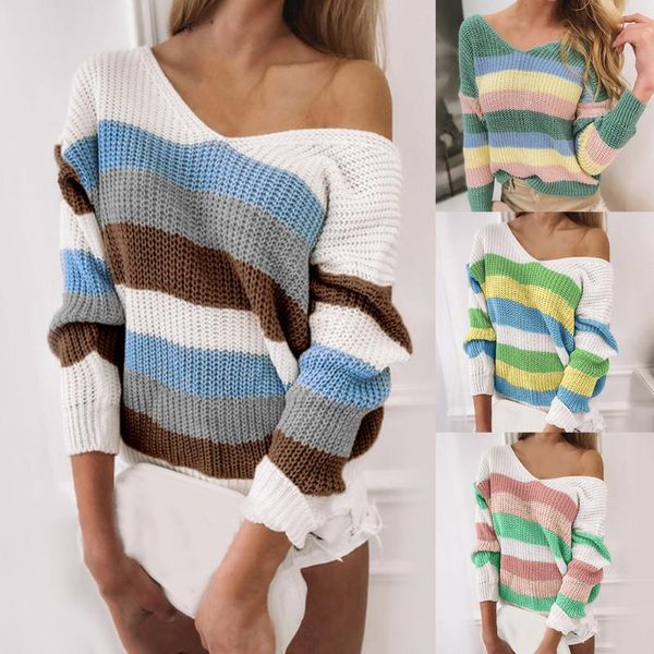 

women's sweaters knitted for women striped printed v neck ladies sweater jumper lantern spring winter knitwear pullover, White;black