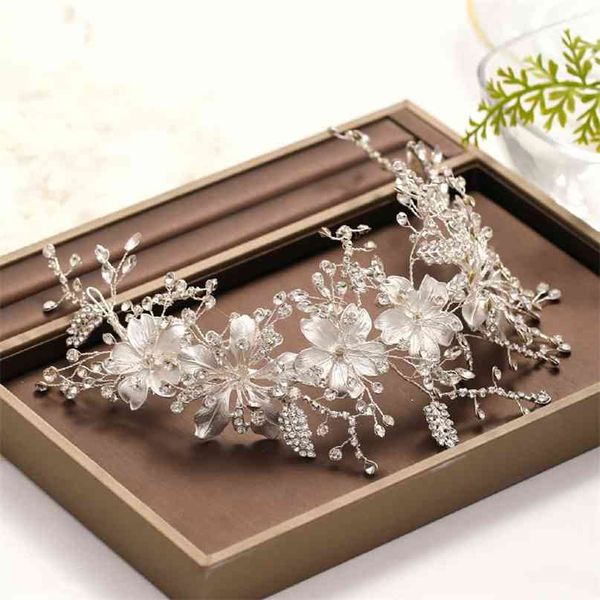 

wedding headband silver color crystal tiara handmade bride headdress flower leaf hair jewelry accessories 210707