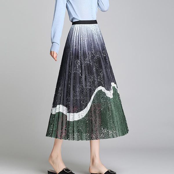 

skirts summer patchwork printed lace a-line pleated long wave striped floral contrast color maxi gauze, Black