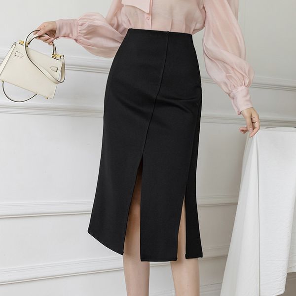 

korean fashion skirts natural waisted long woman summer asymmetric knee-length women clothing for female 210427, Black