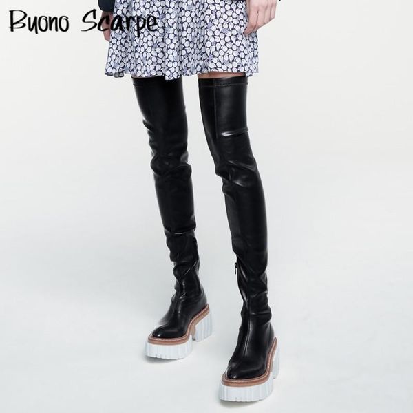 

boots womans 2021 over the knee elasticity flat bottomed long high barrel elastic thick platform autumn winter, Black