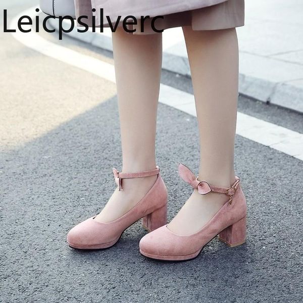 

dress shoes pumps spring and autumn fashion flock round head buckle butterfly knot thick heel mid women's plus size 34-43, Black