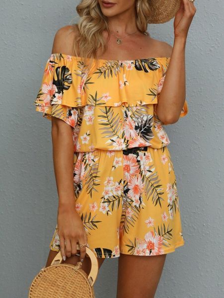

dearcase tropical print off shoulder romper b9f6#, White