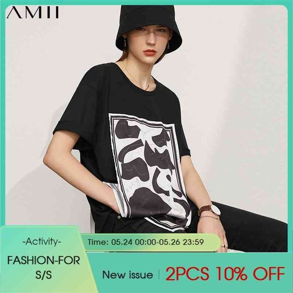 

minimalism summer fashion tshirt for women cotton printed oneck loose oversize women's 12180033 210527, White