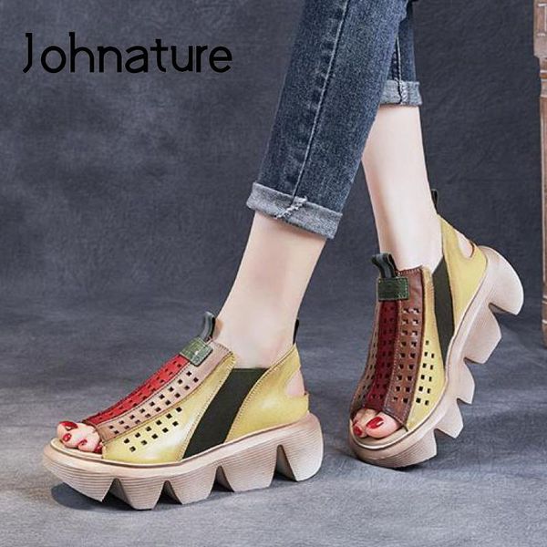 

sandals johnature retro genuine leather shoes women mixed colors elastic band wedges 2021 sewing handmade ladies, Black