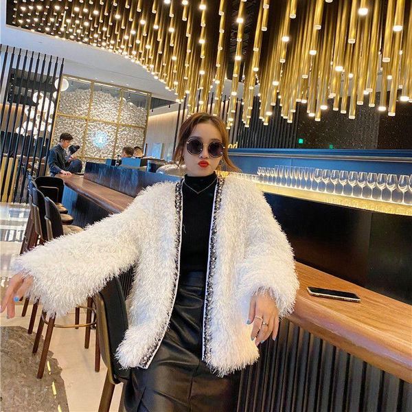 

women's fur & faux 2021 autumn winter cardigan lamb wool coat beaded small temperament pure color fake female, Black
