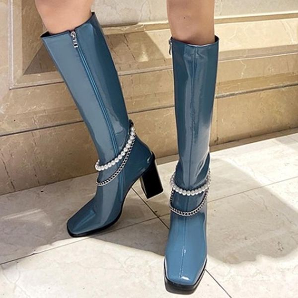

boots winter women's short knee high elegant chunky heel pearl chain ornament square fashion, Black