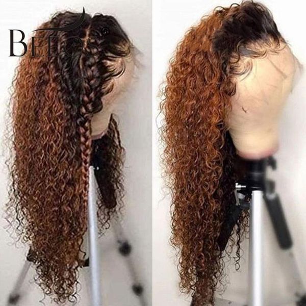 

lace wigs curly 180% ombre brown color frontal 13x6 front human hair preplucked brazilian remy, Black;brown