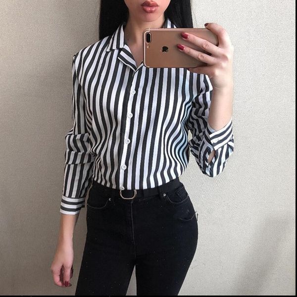 

spring v neck women blouses long sleeve work striped loose femme casual office for business, White
