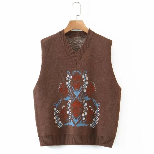 

spring women totem vintage jacquard knitting sweater female v neck sleeveless pullover casual lady loose sw1180 210430, Black;white