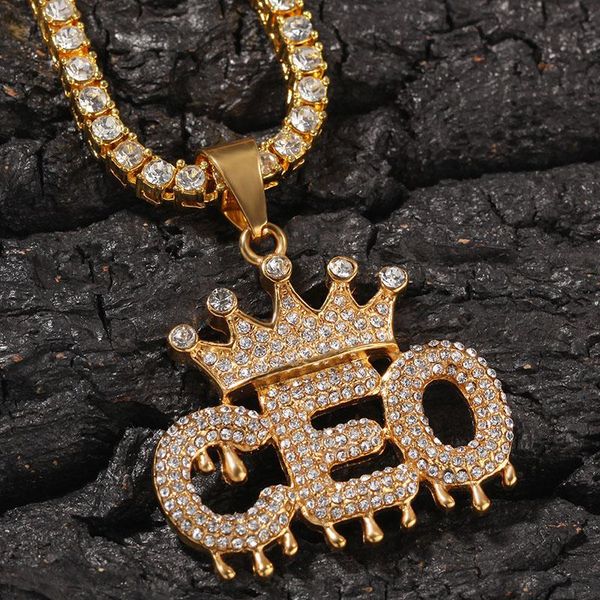 

pendant necklaces hip hop cz zircon paved bling iced out gold color stainless steel crown ceo letter pendants necklace for men rapper jewelr, Silver