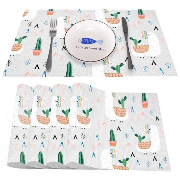 

table runner cactus heat-resistant placemats stain resistant anti-skid washable pvc/polyeste mats woven placemats, set of 4pcs