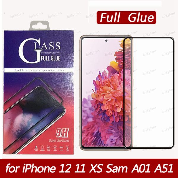 Vollständig verklebter 3D-Displayschutz aus gehärtetem Glas für iPhone 12 11 Pro Max XS XR Samsung A21 A11 A01 A51, schwarzer Rand, im Einzelhandelskarton