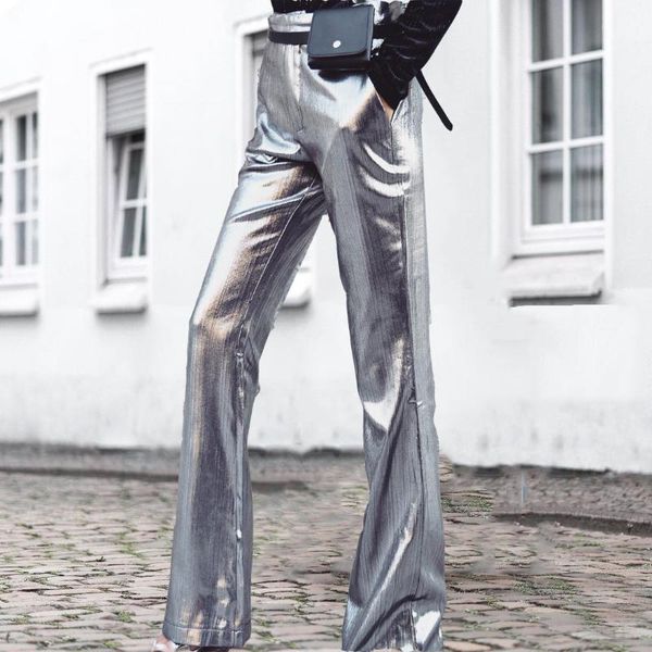 

women's pants & capris zhymihret 2021 women mid waist flare autumn winter korean silver trousers streetwear pantalon femme spodnie dams, Black;white