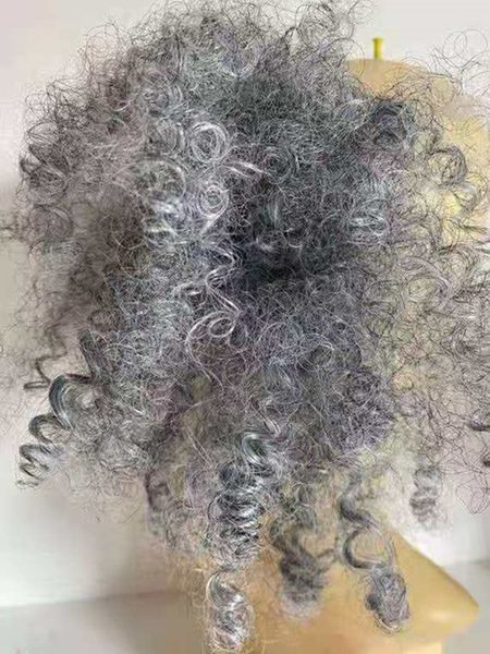 

elegant soft human hair silver /pearl grey mix frizzy afro scrunchine hairpiece ponytail extension drawstring clip in gray kinky curly bun u, Black