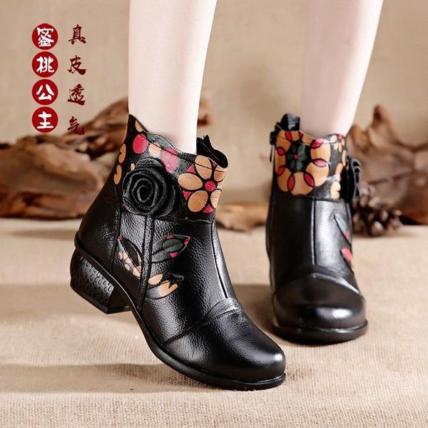 

boots retro bohemian women printed genuine leather ankle vintage motorcycle booties ladies shoes woman 2021, Black