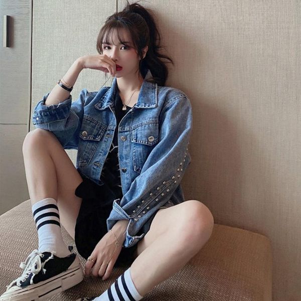 

women's jackets design sense personality rivet loose jacket spring fashion korean denim single breasted top, Black;brown