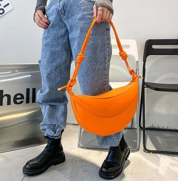 

european and american fashion shoulder bag woman designer creative moon bud semi circular saddle pu soft leather suitable for work party mob, Black;red
