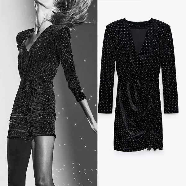 

women vintage beading velvet dress 2021 ruffle long sleeve shoulder pad black party dresses woman chic side zip vestido casual, Black;gray