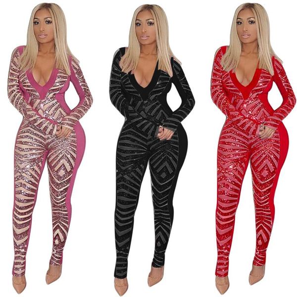 

women's jumpsuits & rompers autumn women sequin jumpsuit v-neck mesh sheer sparkly bodysuit glitter long sleeve romper christmas party, Black;white