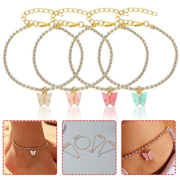 

link, chain fashion bohemia style inlaid zircon rhinestone multi-color butterfly pendant anklet beach foot 21628, Black