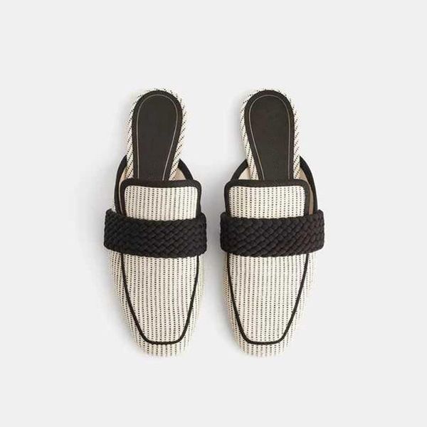 

slippers flat shoes female casual square toe mules for women 2021 pantofle luxury soft pu leisure canvas checkered rome basi, Black