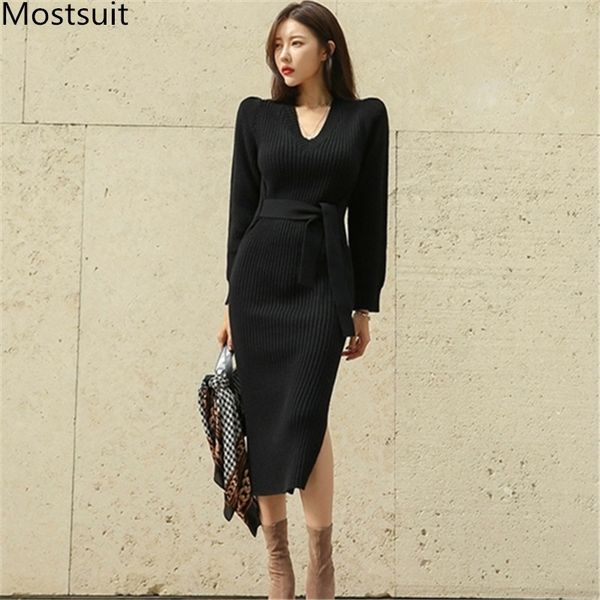 

spring knitted v-neck sweater dress women long sleeve lace-up sashes splitting dresses korean fashion office vestidos 210518, Black;gray