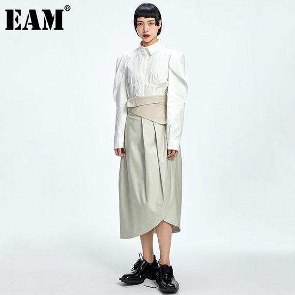 

[eam] high waist gray spliced pleated long sashes asymmetrical half-body skirt women fashion spring autumn 1dd7296 21512, Black