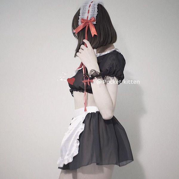 

Bras Sets Japanese Cute Maid Cosplay Apron Servant Anime Costume Lolita Schoolgirl Uniform Mesh Live Show Women Sexy Lingerie Set, Red;black