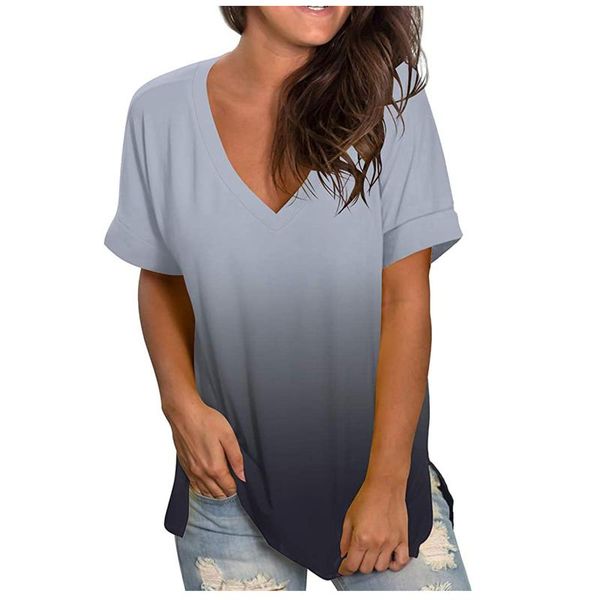 

women's t-shirt gradient printed t-shirts women v-neck short sleeve loose fashion casual summer ladies clothes camisas mujer #t2, White