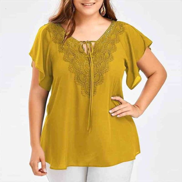 

plus size summer fashion patchwork lace up blouse ladies loose female women half sleeve shirt blusas femininas pullover, White