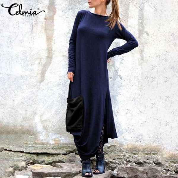 

casual dresses 2021 celmia autumn women knitted maxi dress fashion long sleeve large pockets patchwork party vestidos ladies femme, Black;gray