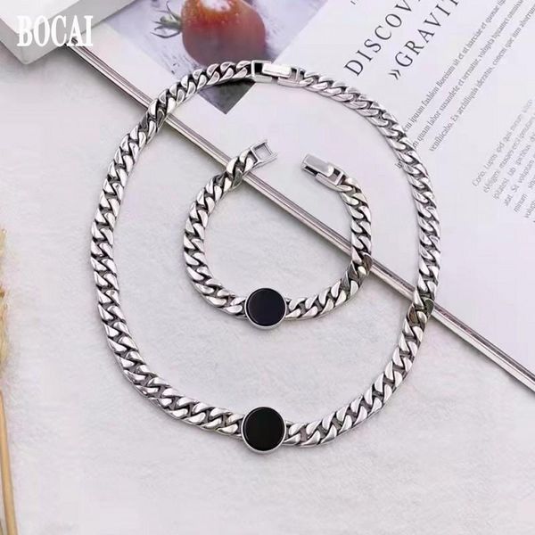 

chains bocai real s925 silver jewelry black agate medallion chain 2021 trendy fashion personality woman bracelet/necklace