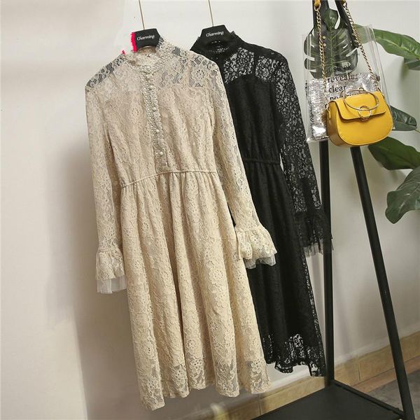 

casual dresses size women spring plus summer lace dress elegant long sleeve party korean black 6xl vestido midi kj5024, Black;gray