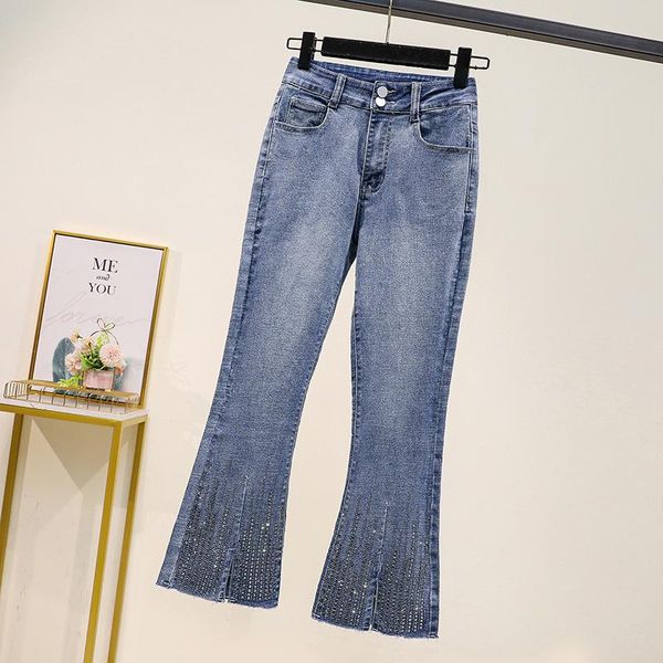 

women's jeans high waist plus size women 2021 spring autumn diamond-studded stretch flared trousers vintage female denim nine pants, Blue